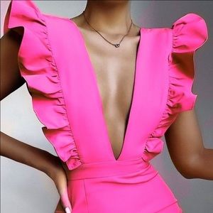 NEW * Pink Ruffle Trim Plunge Front Mini Dress